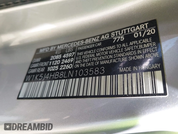2020 Mercedes-Benz CLA 250 with VIN W1K5J4HB8LN103583, listed as a IAAI auction lot 41891861 with 41,544 mi miles and . Bid and sale history available at DreamBid. Image 9.