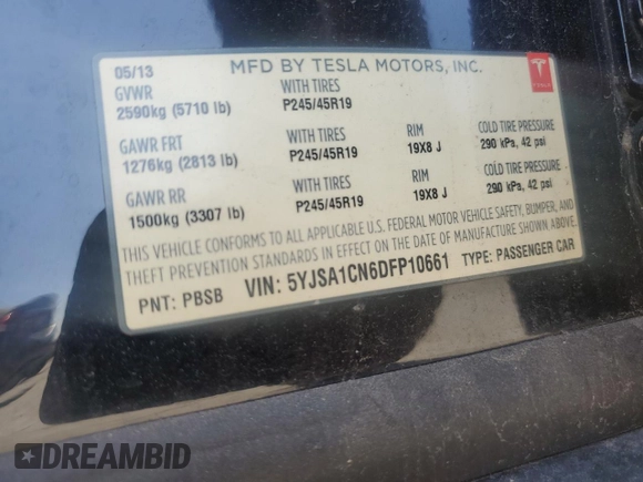 2013 Tesla Model S with VIN 5YJSA1CN6DFP10661, listed as a Copart auction lot 53832675 with 150,500 mi miles and Salvage Title. Bid and sale history available at carsss.com. Image 12.