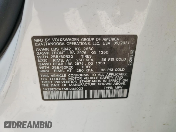 2021 Volkswagen Atlas SEL with VIN 1V2BE2CA1MC232023, listed as a Copart auction lot 79141214 with 56,579 mi miles and Salvage title. Bid and sale history available at DreamBid. Image 16.