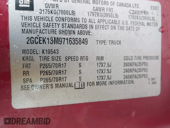 2007 Chevrolet Silverado 1500 LTZ with VIN 2GCEK13M971635849, listed as a IAAI auction lot 42108671 with 240,844 mi miles. Bid and sale history available at carsss.com. Image 9.