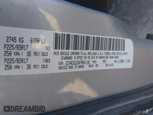 2015 Dodge Grand Caravan R/T with VIN 2C4RDGEG4FR641161, listed as a IAAI auction lot 41237033 with 286,564 mi miles and . Bid and sale history available at DreamBid. Image 9.