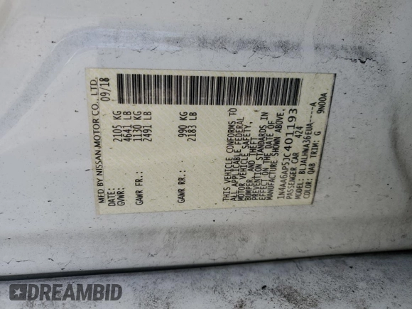 2018 Nissan Maxima SV with VIN 1N4AA6AP5JC401193, listed as a Copart auction lot 57651605 with 63,757 mi miles and Salvage title. Bid and sale history available at DreamBid. Image 12.