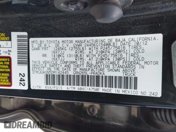 2013 Toyota Tacoma PreRunner with VIN 3TMJU4GN5DM142445, listed as a IAAI auction lot 42229447 with 139,779 mi miles and . Bid and sale history available at DreamBid. Image 9.