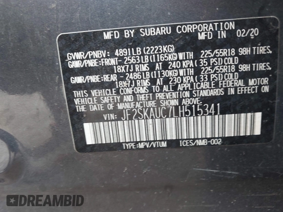2020 Subaru Forester Limited with VIN JF2SKAUC7LH515341, listed as a IAAI auction lot 42425842 with 80,557 mi miles and . Bid and sale history available at DreamBid. Image 9.