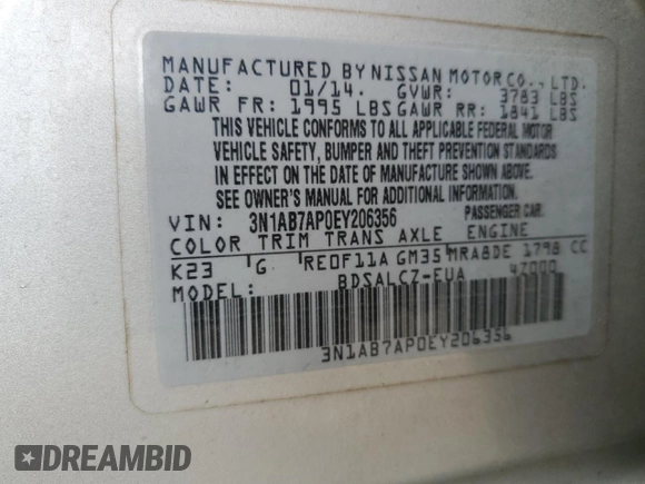 2014 Nissan Sentra S with VIN 3N1AB7AP0EY206356, listed as a Copart auction lot 54520205 with 151,170 mi miles and Clean Title. Bid and sale history available at DreamBid. Image 12.