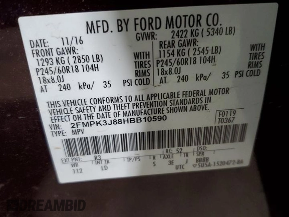 2017 Ford Edge SEL with VIN 2FMPK3J88HBB10590, listed as a Copart auction lot 50366035 with 0 mi miles and Salvage Title. Bid and sale history available at carsss.com. Image 13.