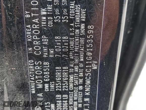 2016 Kia Sedona SX with VIN KNDMC5C11G6153598, listed as a Copart auction lot 51594285 with 151,312 mi miles and Salvage Title. Bid and sale history available at carsss.com. Image 14.