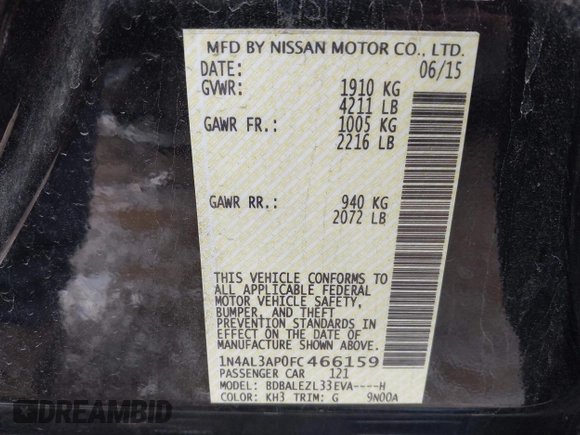 2015 Nissan Altima 2.5 S with VIN 1N4AL3AP0FC466159, listed as a IAAI auction lot 41617703 with 82,310 mi miles. Bid and sale history available at carsss.com. Image 9.