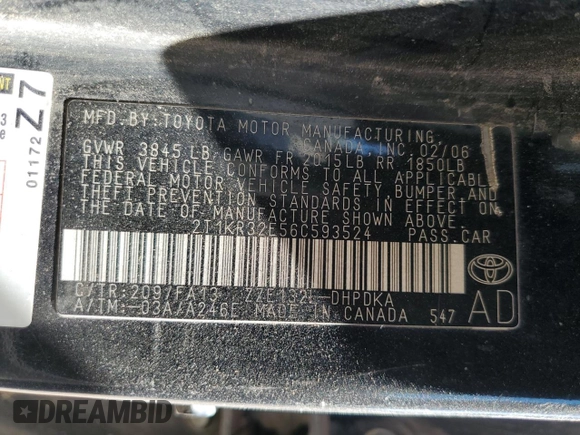 2006 Toyota Matrix STD z VIN 2T1KR32E56C593524, wystawiony jako Copart lot #49719495 z przebiegiem Nie podano mil oraz Szkoda całkowita • Salvage title. Historia ofert i sprzedaży dostępna na DreamBid. Obrazek 13.