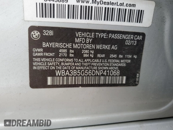 2013 BMW 3 Series 328i xDrive with VIN WBA3B5G56DNP41068, listed as a Copart auction lot 54586325 with 112,441 mi miles and Salvage title. Bid and sale history available at DreamBid. Image 13.