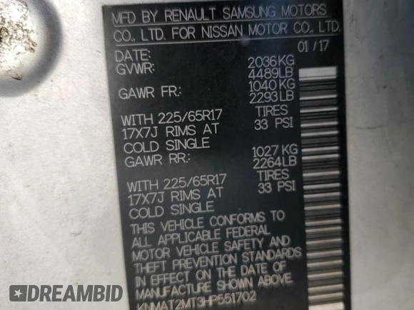 2017 Nissan Rogue S with VIN KNMAT2MT3HP551702, listed as a Copart auction lot 54748415 with 104,122 mi miles and Salvage Title. Bid and sale history available at carsss.com. Image 14.