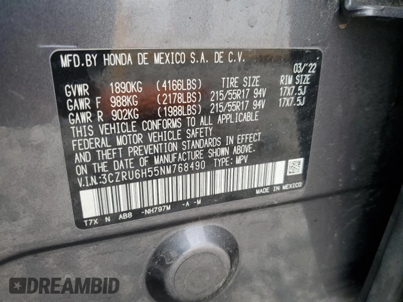 2022 Honda HR-V EX with VIN 3CZRU6H55NM768490, listed as a Copart auction lot 51643035 with Not Provided miles and Non Repairable. Bid and sale history available at DreamBid. Image 13.