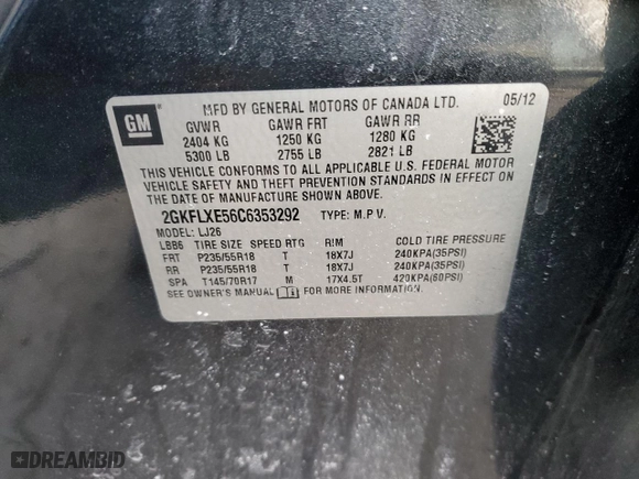 2012 GMC Terrain SLT-2 with VIN 2GKFLXE56C6353292, listed as a Copart auction lot 46133545 with 137,845 mi miles and Salvage Title. Bid and sale history available at carsss.com. Image 12.