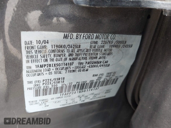 2005 Ford Five Hundred Limited z VIN 1FAFP281X5G114137, wystawiony jako IAAI lot #42124350 z przebiegiem Nie podano mil oraz . Historia ofert i sprzedaży dostępna na DreamBid. Obrazek 9.