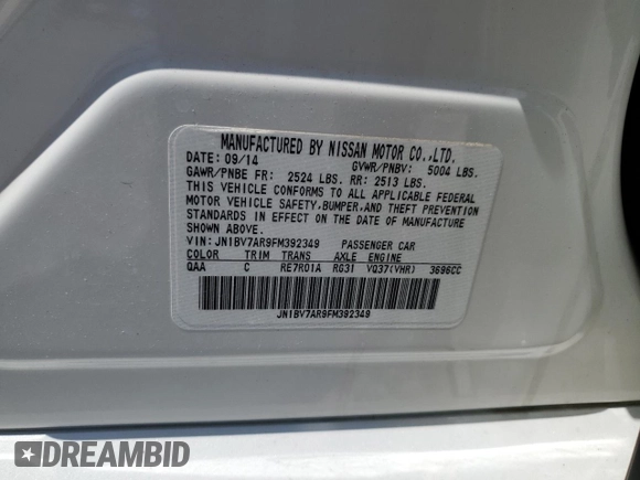 2015 Infiniti Q50 Premium with VIN JN1BV7AR9FM392349, listed as a Copart auction lot 59121255 with 104,199 mi miles and Salvage title. Bid and sale history available at DreamBid. Image 13.
