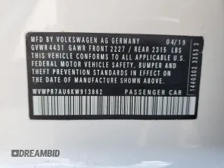 2019 Volkswagen Golf SEL Premium z VIN WVWPR7AU6KW913862, wystawiony jako Copart lot #54744685 z przebiegiem 21 610 mil mil oraz Szkoda całkowita • Salvage title. Historia ofert i sprzedaży dostępna na DreamBid. Obrazek 13.