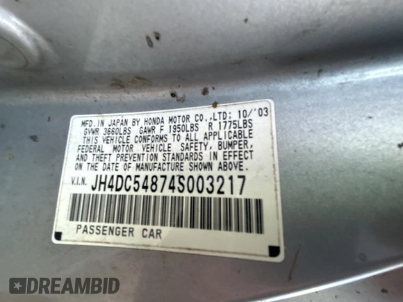 2004 Acura RSX z VIN JH4DC54874S003217, wystawiony jako Copart lot #51871005 z przebiegiem 133 903 mil mil oraz Czysty tytuł • Clean title. Historia ofert i sprzedaży dostępna na DreamBid. Obrazek 10.