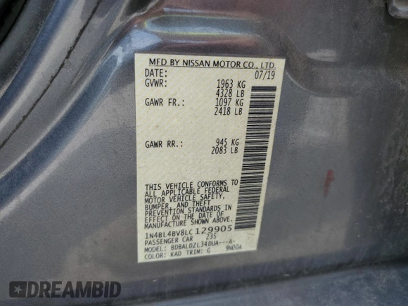 2020 Nissan Altima S z VIN 1N4BL4BV8LC129905, wystawiony jako Copart lot #57342225 z przebiegiem 151 363 mil mil oraz Szkoda całkowita • Salvage title. Historia ofert i sprzedaży dostępna na DreamBid. Obrazek 12.