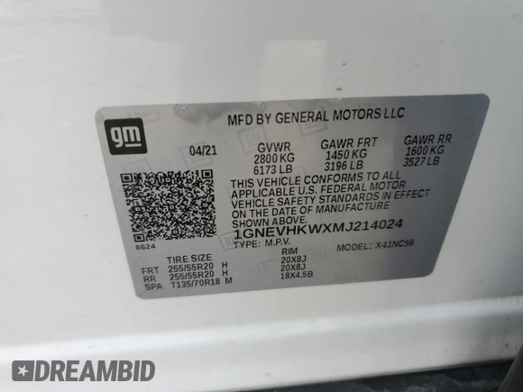 2021 Chevrolet Traverse LT with VIN 1GNEVHKWXMJ214024, listed as a Copart auction lot 56917015 with 68,829 mi miles and Salvage title. Bid and sale history available at DreamBid. Image 13.