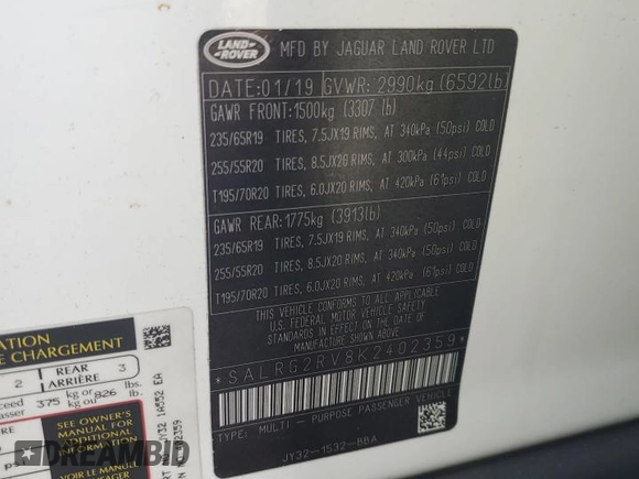 2019 Land Rover Discovery SE with VIN SALRG2RV8K2402359, listed as a Copart auction lot 74765034 with 62,060 mi miles and Salvage Title. Bid and sale history available at carsss.com. Image 14.