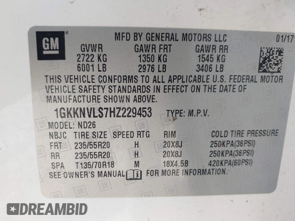 2017 GMC Acadia SLT z VIN 1GKKNVLS7HZ229453, wystawiony jako IAAI lot #42091669 z przebiegiem 137 292 mil mil oraz . Historia ofert i sprzedaży dostępna na DreamBid. Obrazek 9.