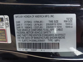 2021 Acura RDX with VIN 5J8TC1H39ML006491, listed as a IAAI auction lot 41097961 with 46,986 mi miles. Bid and sale history available at carsss.com. Image 9.