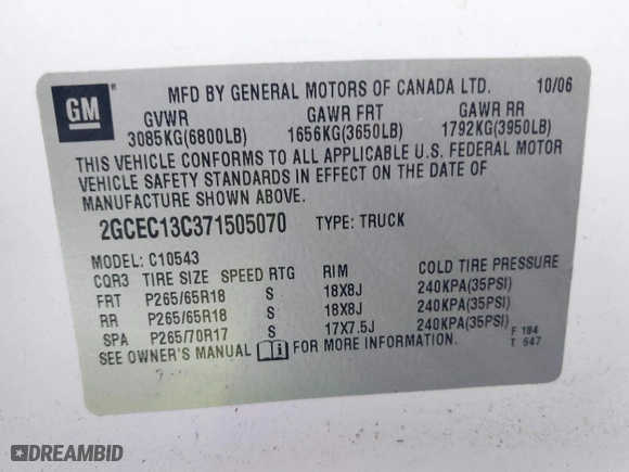 2007 Chevrolet Silverado 1500 LT w/1LT with VIN 2GCEC13C371505070, listed as a IAAI auction lot 41496659 with 179,379 mi miles. Bid and sale history available at carsss.com. Image 9.