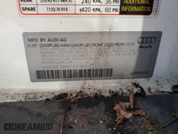 2007 Audi A3 with VIN WAUHF78P67A138834, listed as a Copart auction lot 56659325 with 178,496 mi miles and Salvage title. Bid and sale history available at DreamBid. Image 13.