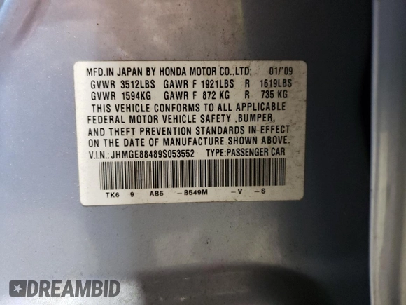 2009 Honda Fit Sport with VIN JHMGE88489S053552, listed as a Copart auction lot 50840555 with 118,767 mi miles and Salvage Title. Bid and sale history available at carsss.com. Image 12.