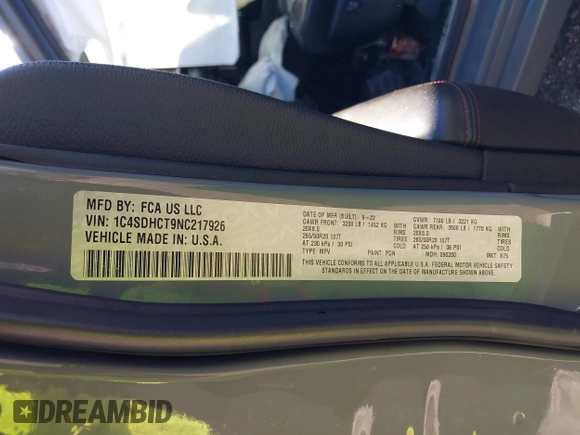 2022 Dodge Durango R/T with VIN 1C4SDHCT9NC217926, listed as a IAAI auction lot 42145879 with Not provided miles and . Bid and sale history available at DreamBid. Image 9.