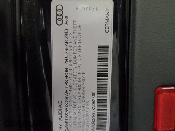 2019 Audi A7 Premium Plus with VIN WAUR2AF22KN052569, listed as a Copart auction lot 72126934 with 74,366 mi miles and Salvage Title. Bid and sale history available at carsss.com. Image 13.