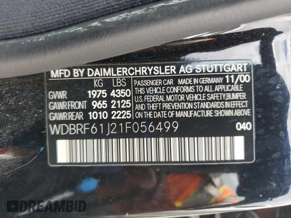 2001 Mercedes-Benz C 230/260/280/320 с VIN WDBRF61J21F056499, выставлен на аукционе Copart как лот 65673225 с пробегом 150 300 миль миль и Чистый • Clean title. История ставок и продаж доступна на DreamBid. Изображение 12.