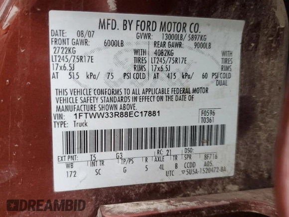 2008 Ford F-350 XL с VIN 1FTWW33R88EC17881, выставлен на аукционе Copart как лот 43429245 с пробегом 168 011 миль миль и Списание • Salvage title. История ставок и продаж доступна на DreamBid. Изображение 13.