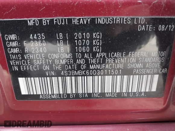 2013 Subaru Legacy Limited with VIN 4S3BMBK60D3011501, listed as a IAAI auction lot 42047861 with 166,455 mi miles and . Bid and sale history available at DreamBid. Image 9.