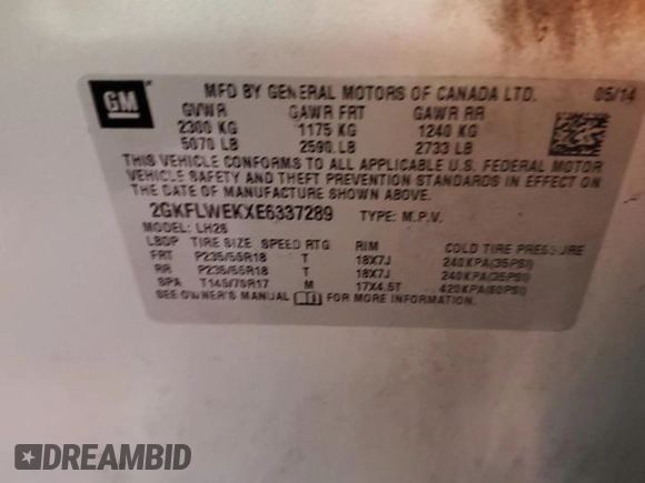 2014 GMC Terrain SLE with VIN 2GKFLWEKXE6337289, listed as a Copart auction lot 55676125 with Not Provided miles and Salvage Title. Bid and sale history available at DreamBid. Image 14.