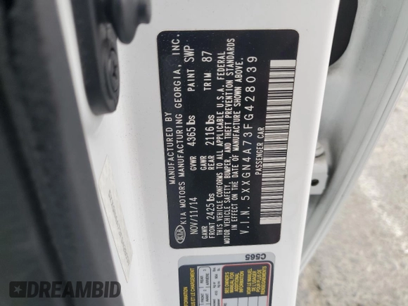 2015 Kia Optima EX with VIN 5XXGN4A73FG428039, listed as a Copart auction lot 66319285 with 207,364 mi miles and Clean title. Bid and sale history available at DreamBid. Image 12.