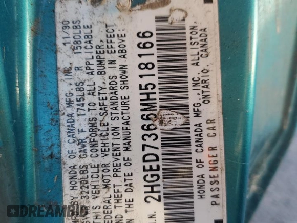 1991 Honda Civic z VIN 2HGED7366MH518166, wystawiony jako Copart lot #87556605 z przebiegiem Nie podano mil oraz Szkoda całkowita • Salvage title. Historia ofert i sprzedaży dostępna na DreamBid. Obrazek 12.