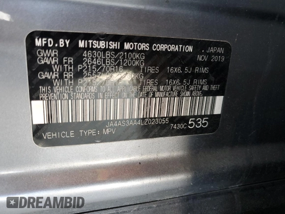 2020 Mitsubishi Eclipse Cross ES with VIN JA4AS3AA4LZ023055, listed as a Copart auction lot 59746315 with 105,580 mi miles and Salvage title. Bid and sale history available at DreamBid. Image 12.