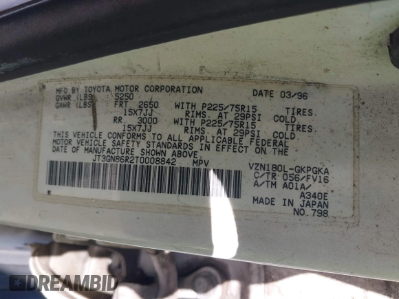 1996 Toyota 4Runner SR5 z VIN JT3GN86R2T0008842, wystawiony jako IAAI lot #42291809 z przebiegiem 204 218 mil mil oraz . Historia ofert i sprzedaży dostępna na DreamBid. Obrazek 9.