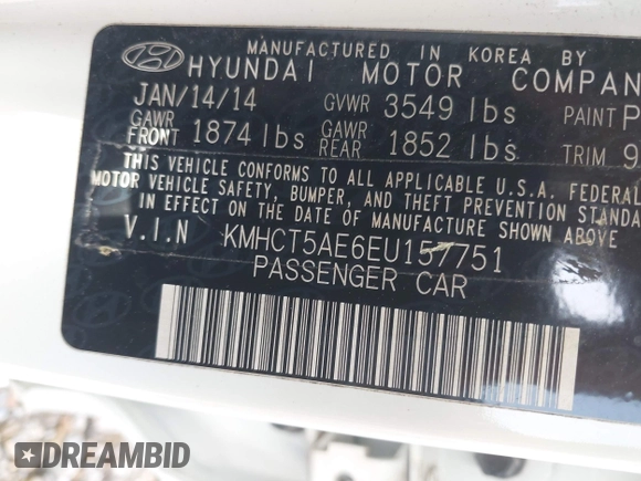 2014 Hyundai Accent GS with VIN KMHCT5AE6EU157751, listed as a IAAI auction lot 42161112 with 145,653 mi miles. Bid and sale history available at carsss.com. Image 9.