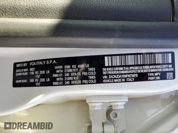 2022 Jeep Renegade Sport with VIN ZACNJDA15NPN73878, listed as a Copart auction lot 43328035 with 54,274 mi miles and Salvage title. Bid and sale history available at DreamBid. Image 14.