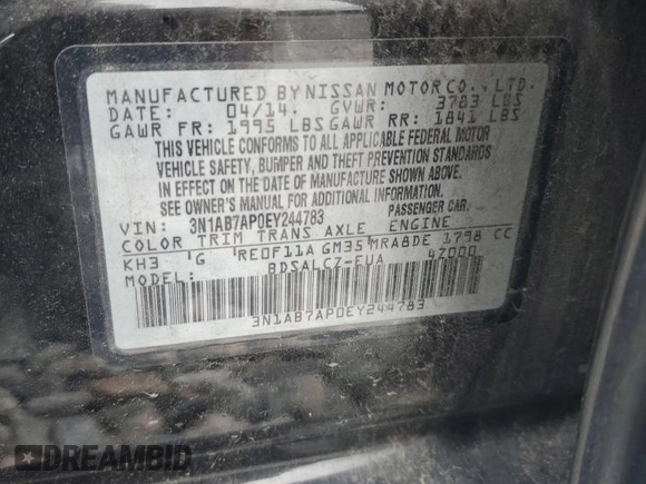 2014 Nissan Sentra SV with VIN 3N1AB7AP0EY244783, listed as a Copart auction lot 64962305 with 171,608 mi miles and Clean title. Bid and sale history available at DreamBid. Image 12.