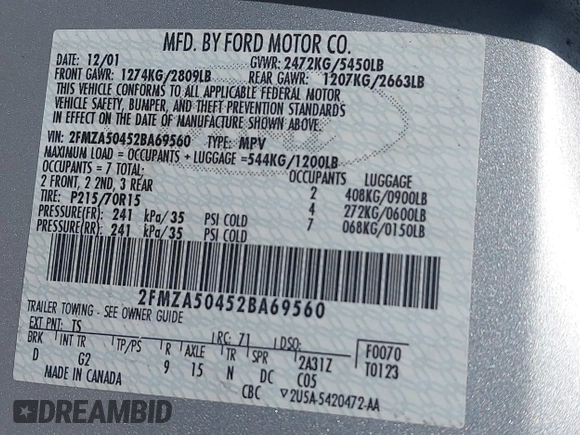 2002 Ford Windstar LX with VIN 2FMZA50452BA69560, listed as a IAAI auction lot 41915218 with 58,532 mi miles and . Bid and sale history available at carsss.com. Image 9.