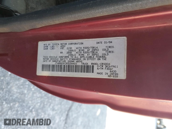 1994 Toyota Pickup DX with VIN JT4RN93P2R5094405, listed as a Copart auction lot 87958845 with 245,227 mi miles and Clean title. Bid and sale history available at DreamBid. Image 12.