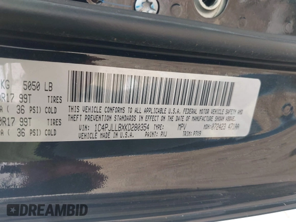 2019 Jeep Cherokee Altitude with VIN 1C4PJLLBXKD280354, listed as a IAAI auction lot 42124578 with 162,289 mi miles and . Bid and sale history available at DreamBid. Image 9.