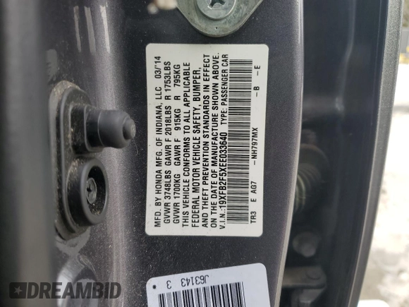 2014 Honda Civic Sedan LX with VIN 19XFB2F5XEE033640, listed as a Copart auction lot 87675445 with 120,130 mi miles and Clean Title. Bid and sale history available at carsss.com. Image 13.