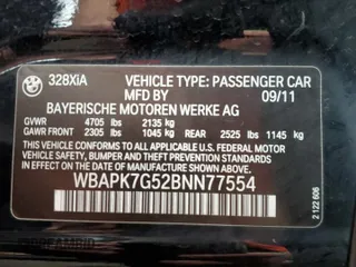 2011 BMW 3 Series 328i xDrive with VIN WBAPK7G52BNN77554, listed as a Copart auction lot 87103324 with 194,347 mi miles and Salvage Title. Bid and sale history available at carsss.com. Image 12.