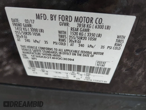 2017 Ford Explorer Sport with VIN 1FM5K8GT4HGC30394, listed as a IAAI auction lot 42385089 with 116,698 mi miles and . Bid and sale history available at DreamBid. Image 9.