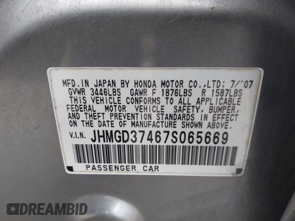 2007 Honda Fit with VIN JHMGD37467S065669, listed as a IAAI auction lot 42078795 with 124,030 mi miles. Bid and sale history available at carsss.com. Image 9.