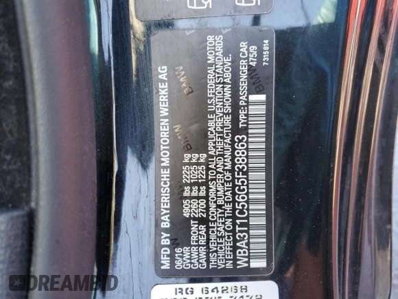 2016 BMW 4 Series 428i xDrive with VIN WBA3T1C56G5F38863, listed as a Copart auction lot 46071735 with 46,765 mi miles and Salvage title. Bid and sale history available at DreamBid. Image 12.